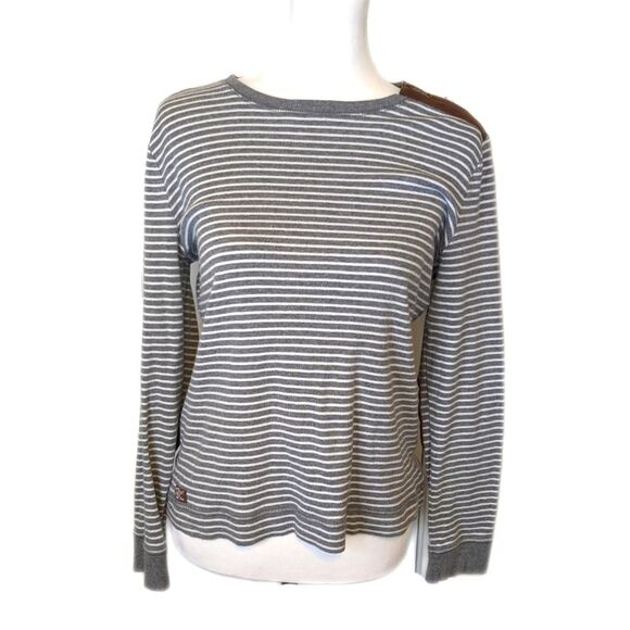 Lauren for Ralph Lauren cotton grey and white striped long sleeve tee t-shirt, L - Picture 1 of 8